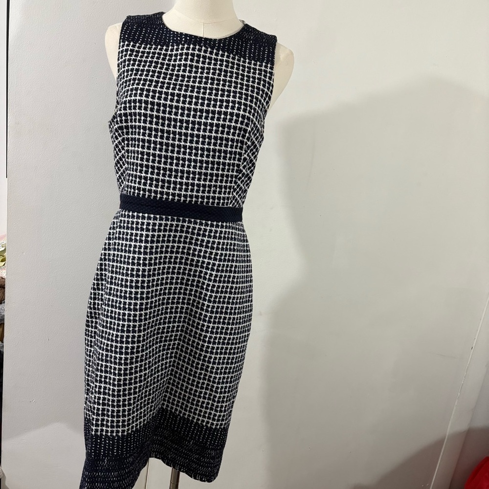 J‎ Crew Sz 6 Navy & White Check Tweed Sleeveless Pencil Dress Knee Length Preppy